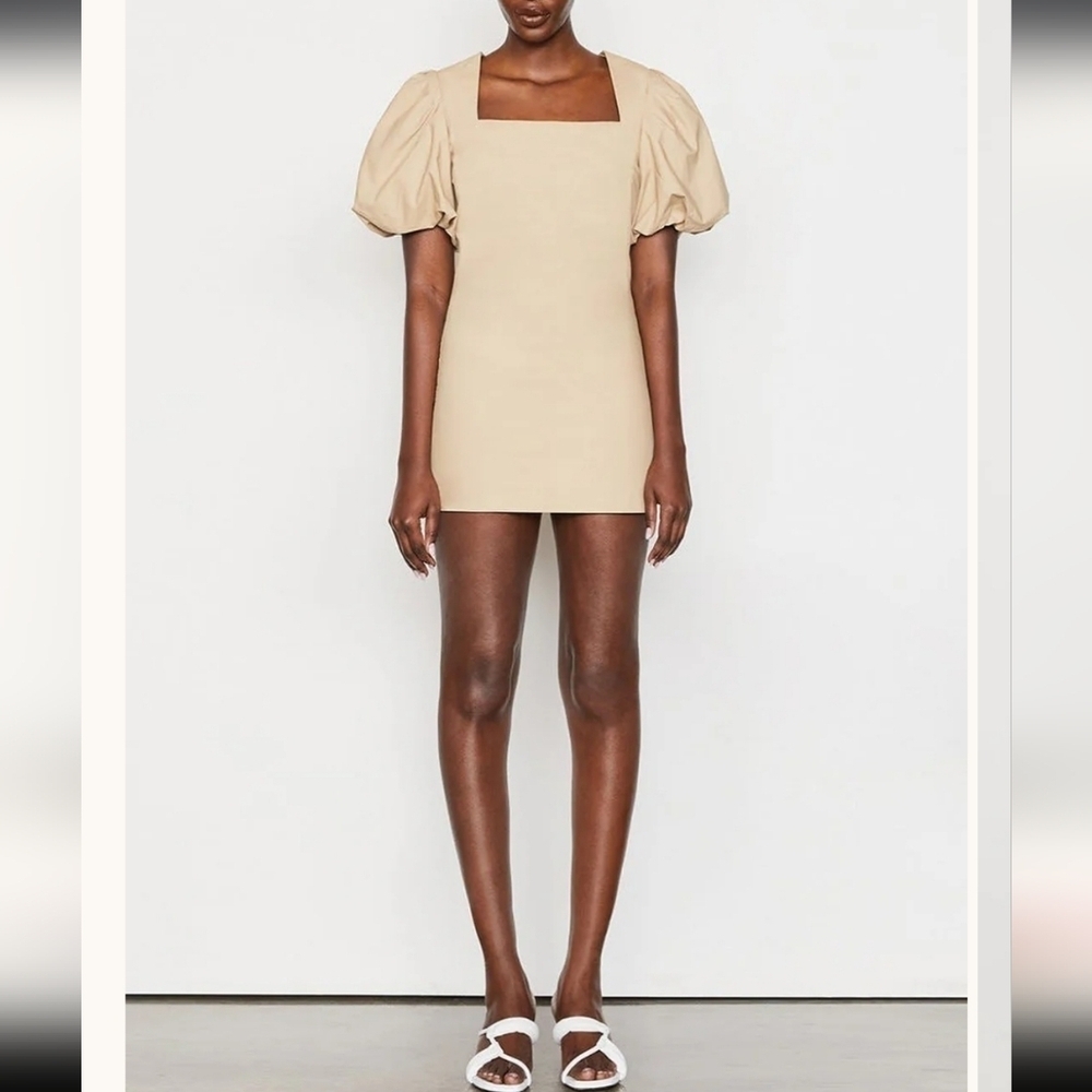 FRAME Nina Dress in Pebble Beige Puff Sleeve Mini Dress Size Small